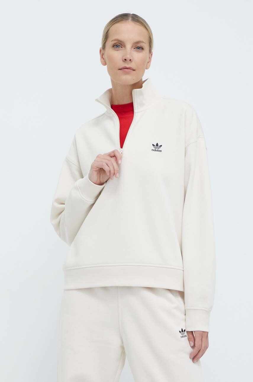 adidas Originals bluză Essentials Halfzip Sweatshirt femei, culoarea bej, uni, IR5940