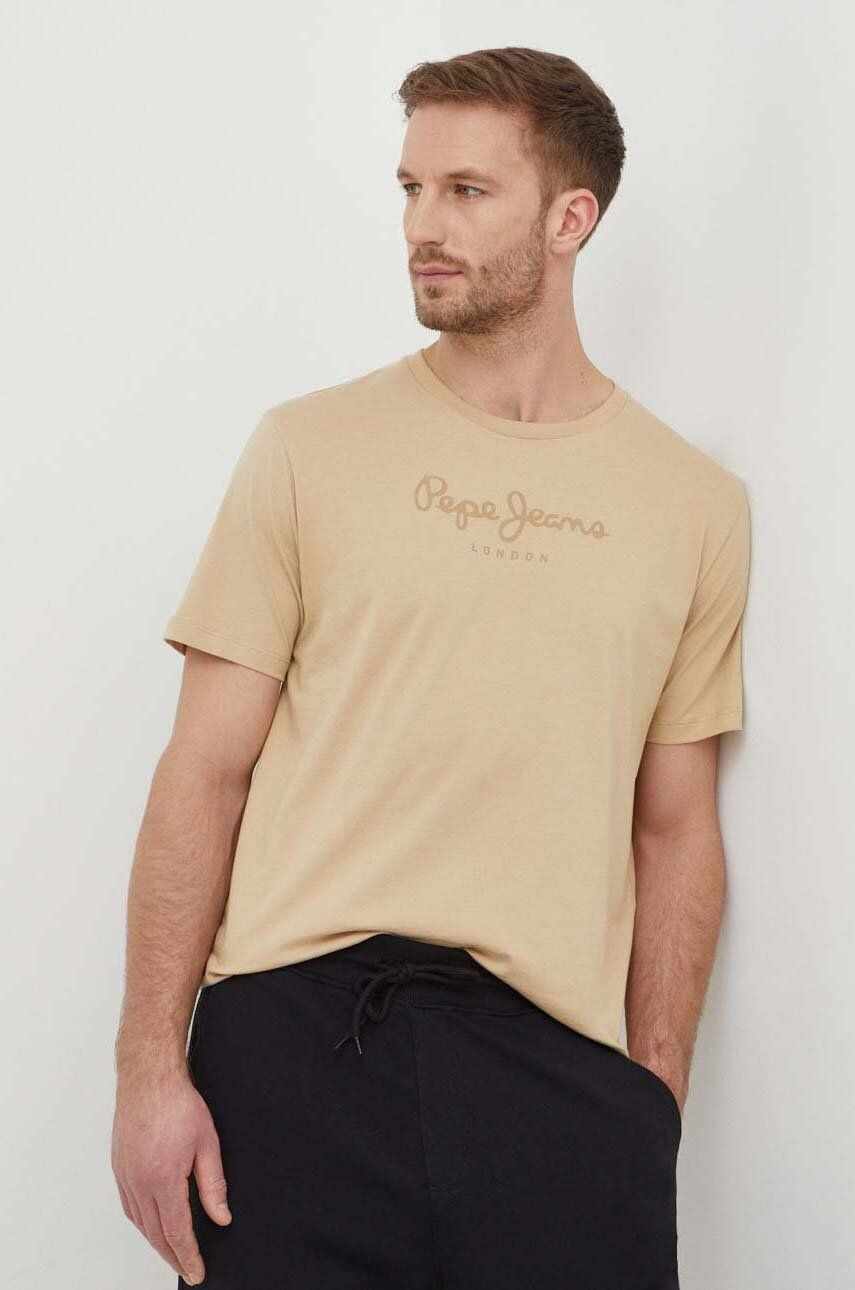 Pepe Jeans tricou din bumbac Eggo barbati, culoarea bej, cu imprimeu