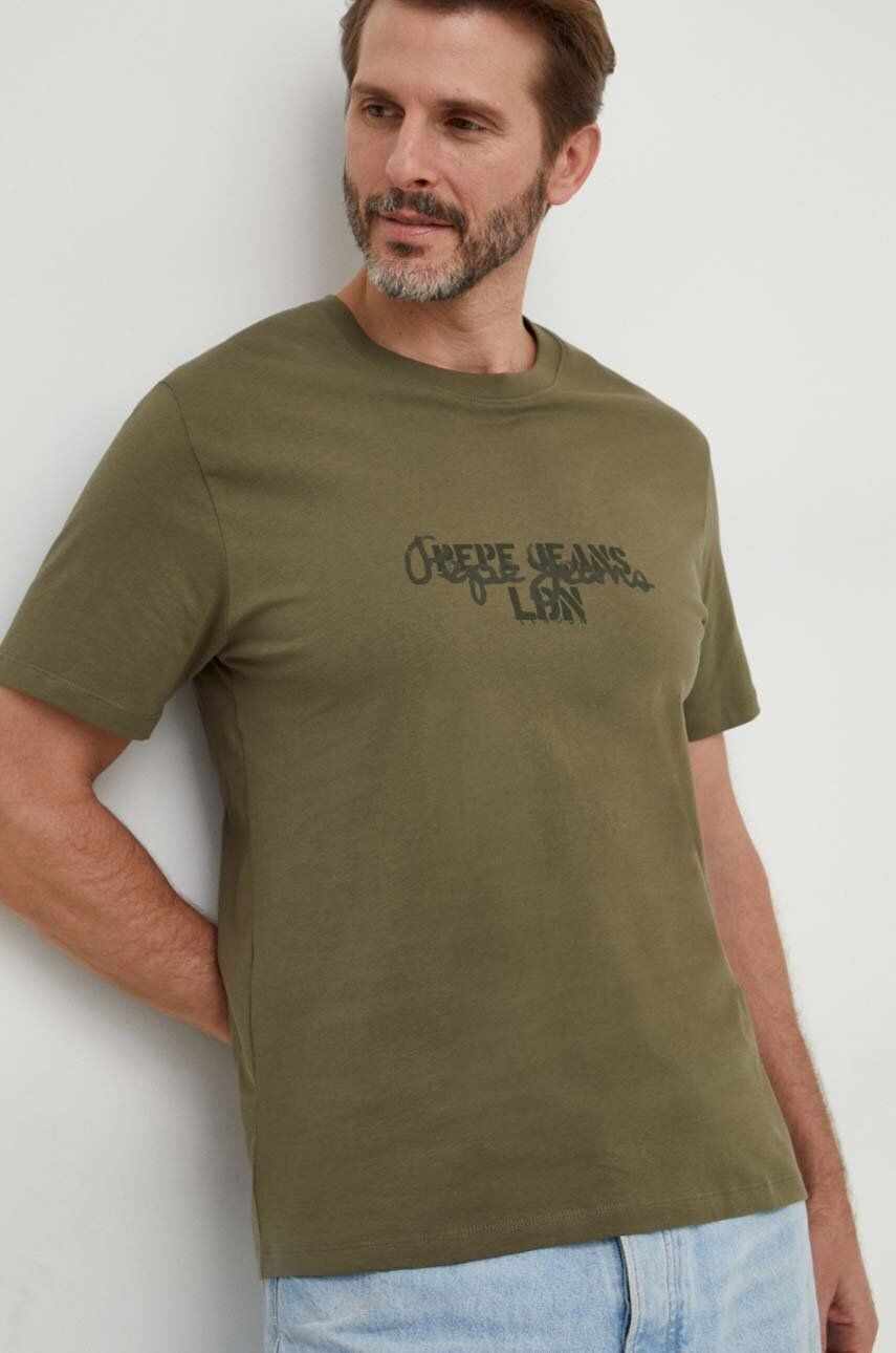 Pepe Jeans tricou din bumbac Chris barbati, culoarea verde, cu imprimeu