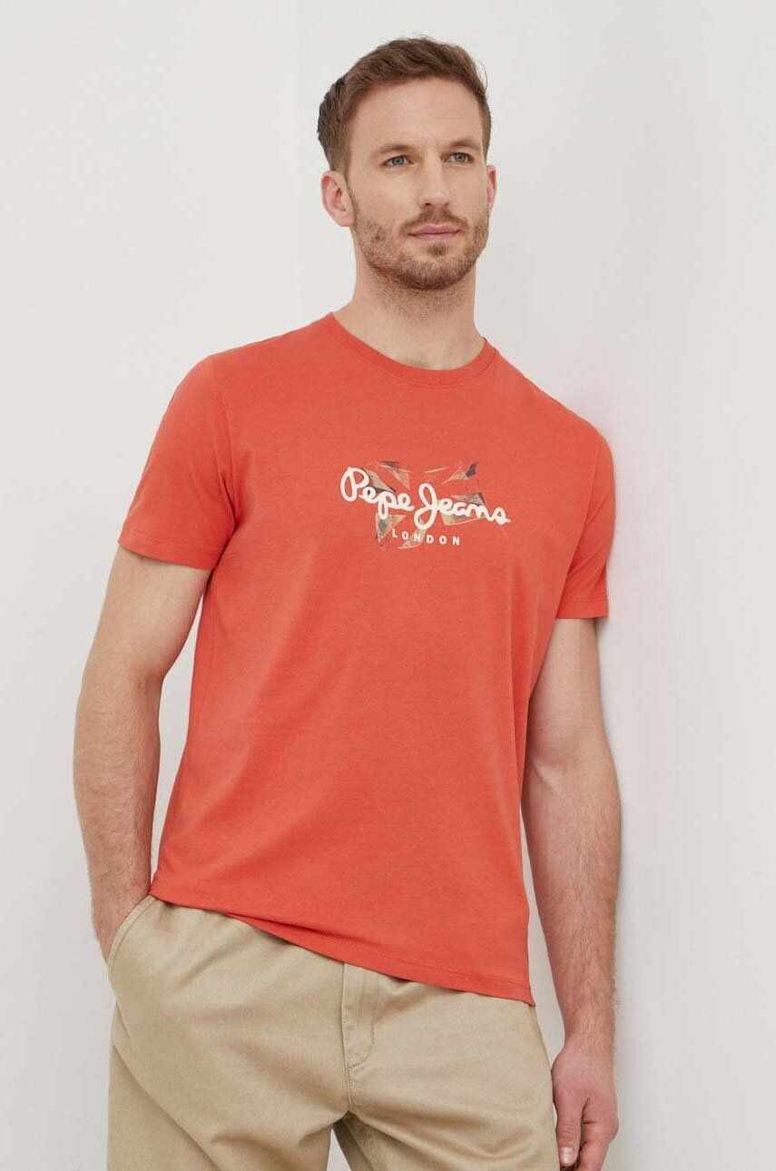 Pepe Jeans tricou din bumbac Count barbati, culoarea portocaliu, cu imprimeu