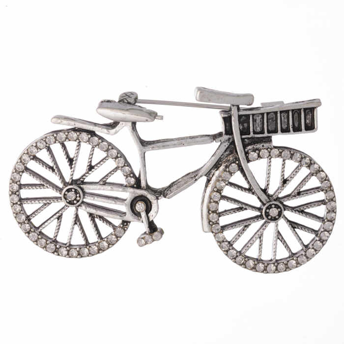 Brosa metalica argintie, bicicleta cu pietricele fatetate albe