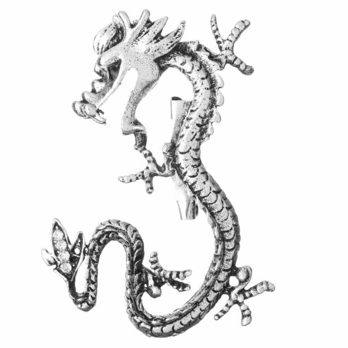 Brosa metalica argintie Dragon, simbolul puterii, curajului si succesului