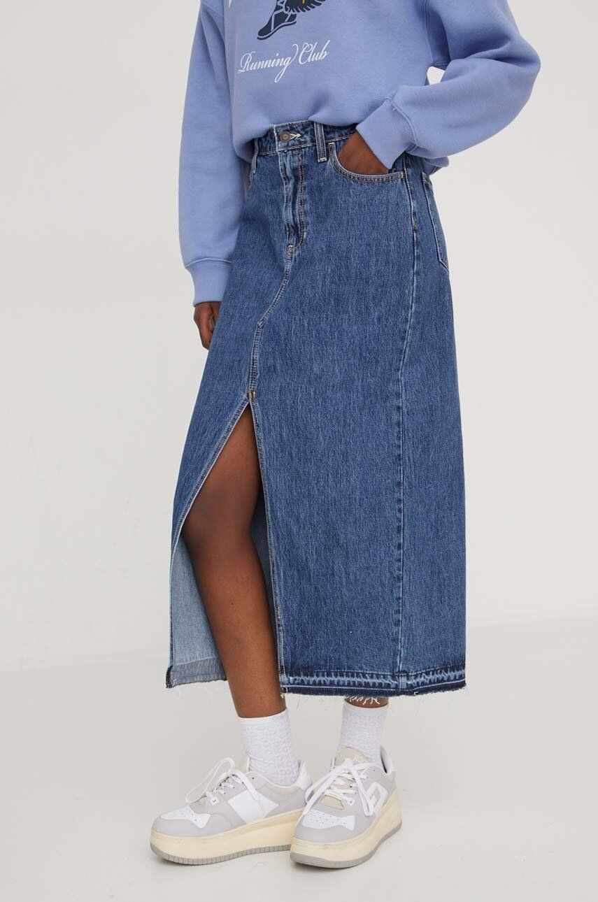 Hollister Co. fusta jeans culoarea albastru marin, maxi, drept