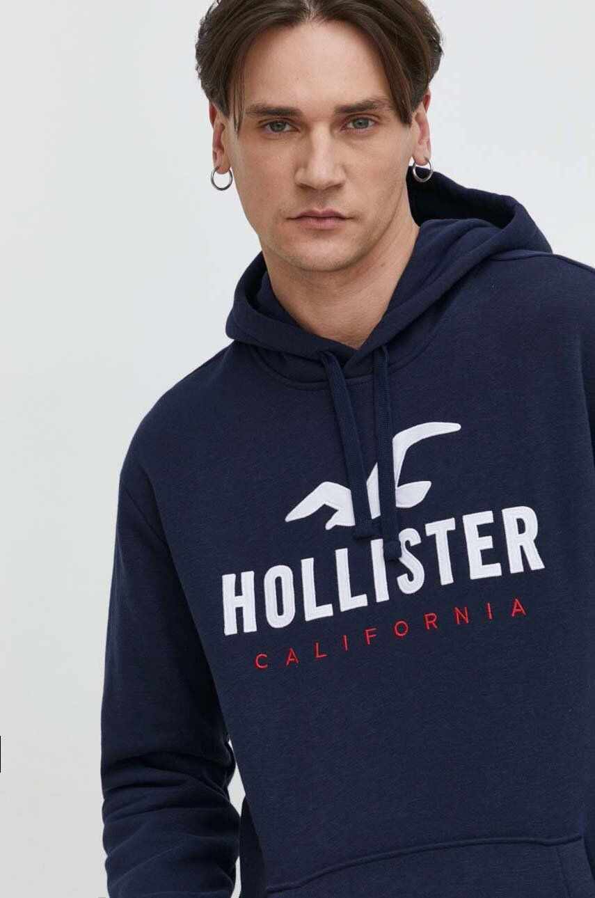 Hollister Co. bluza barbati, culoarea albastru marin, cu glugă, cu imprimeu