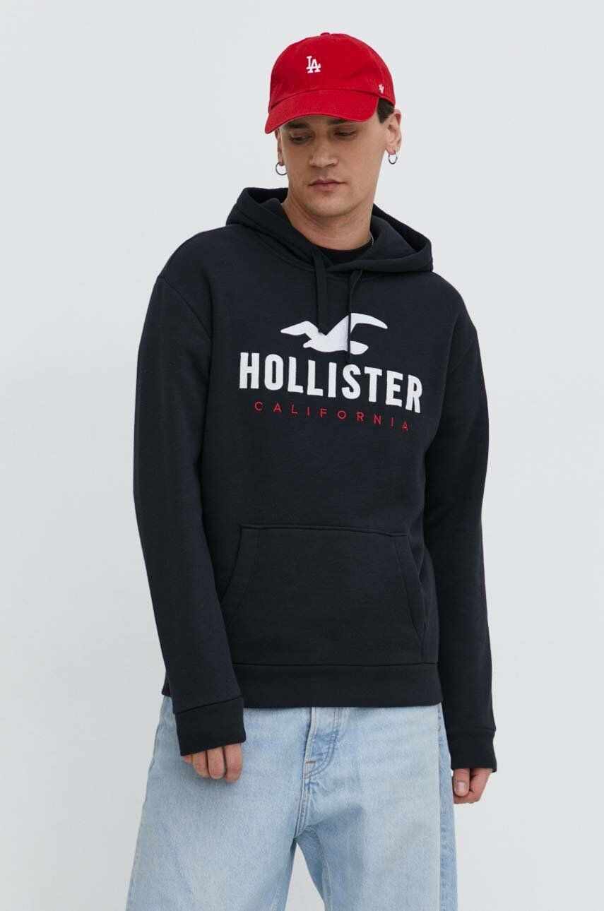 Hollister Co. bluza barbati, culoarea negru, cu glugă, cu imprimeu