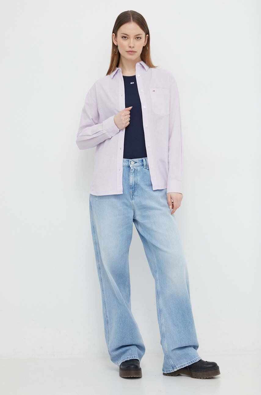 Tommy Jeans camasa din amestec de in culoarea violet, cu guler clasic, relaxed