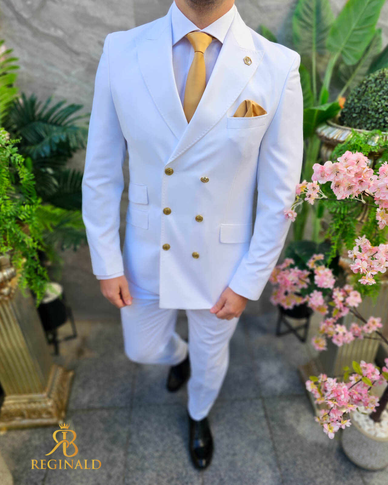 Costum elegant de bărbați, alb, cu butoni aurii, Sacou si Pantalon - C4502