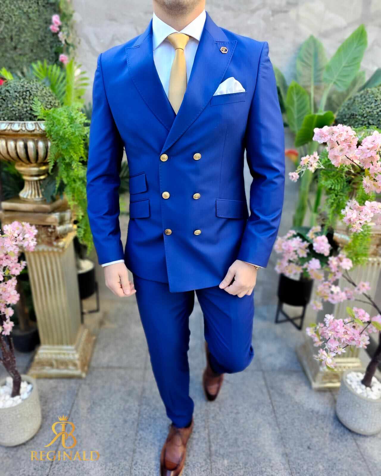 Costum elegant de bărbați, albastru, cu butoni aurii, Sacou si Pantalon - C4503