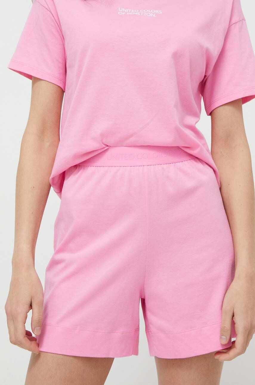 United Colors of Benetton pantaloni scurți din bumbac lounge culoarea roz, neted, high waist