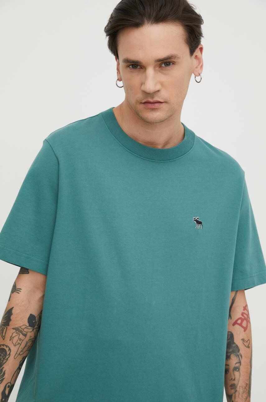 Abercrombie & Fitch tricou din bumbac barbati, culoarea verde, neted