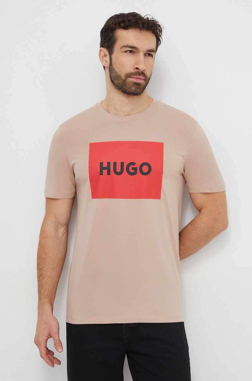 HUGO tricou din bumbac culoarea bej, cu imprimeu