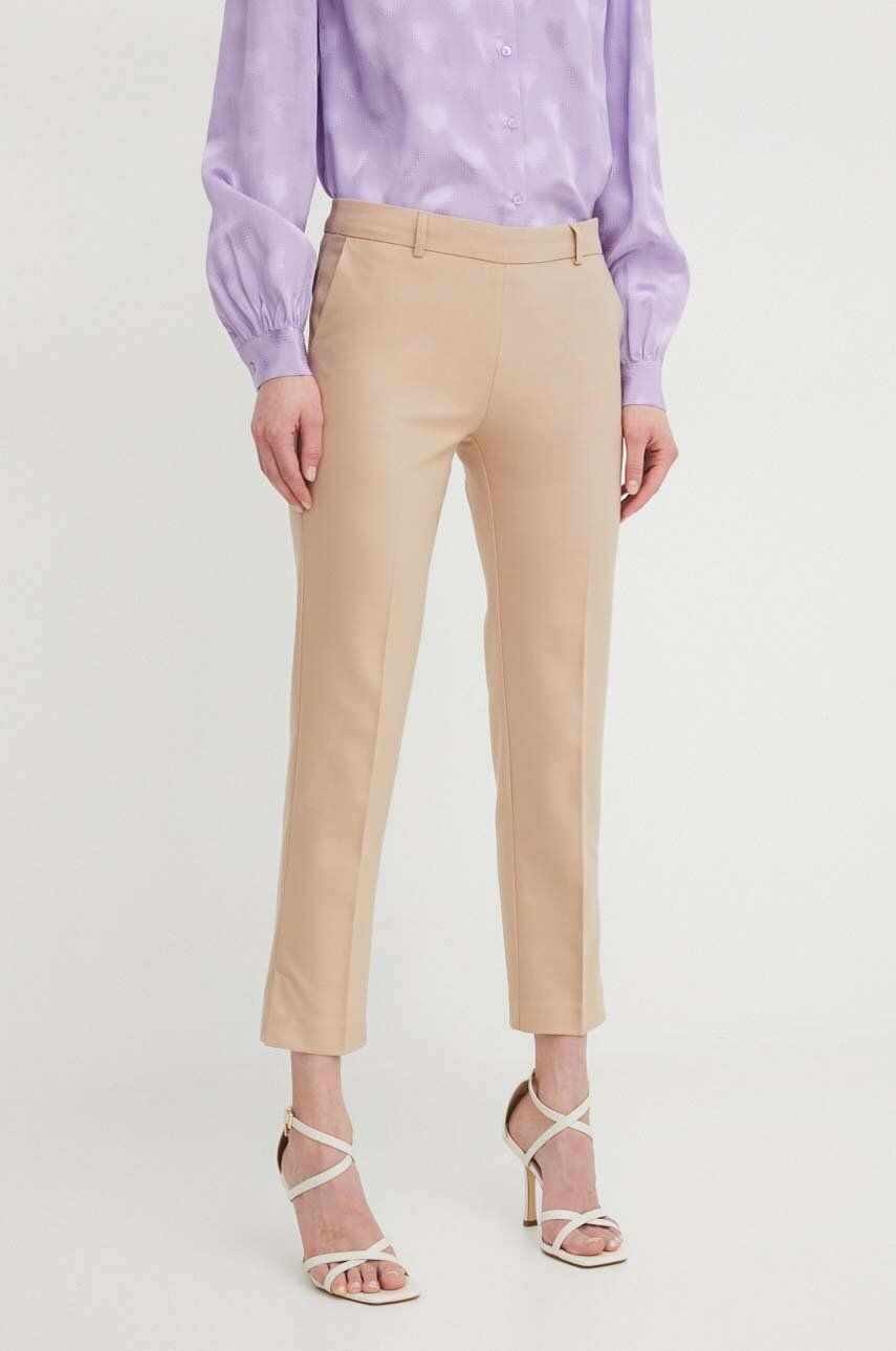 Morgan pantaloni femei, culoarea bej, mulata, high waist