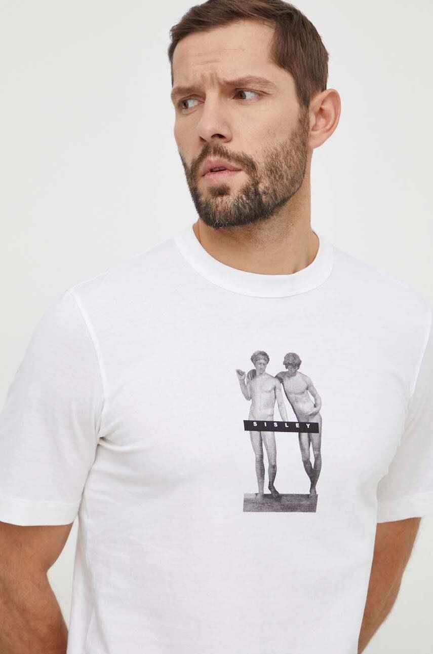 Sisley tricou din bumbac barbati, culoarea bej, cu imprimeu