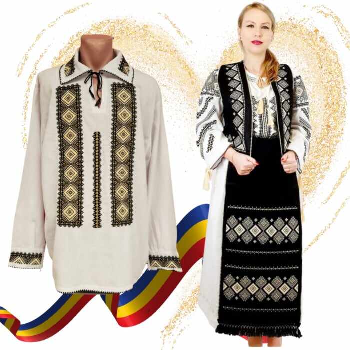 Set Traditional Cuplu 584 Camasa traditionale cu broderie si Costum Dama complet