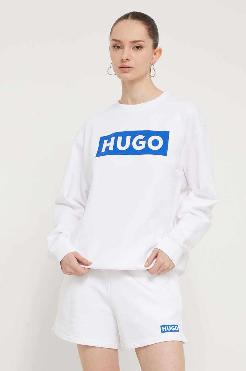 Hugo Blue hanorac de bumbac femei, culoarea alb, cu imprimeu