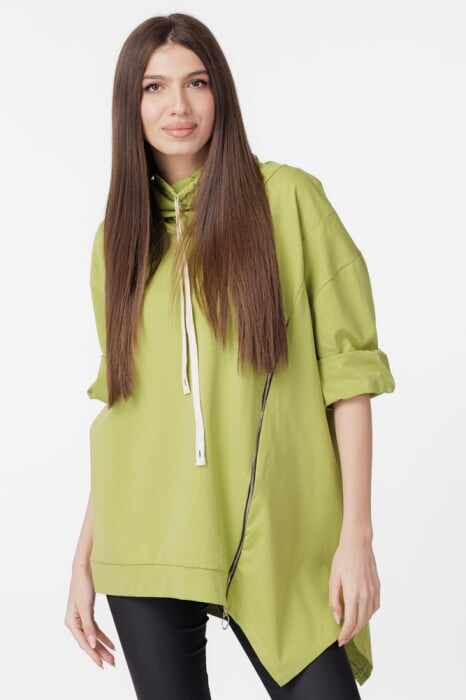 Bluza tunica cu colt, guler inalt si fermoar oblic, verde