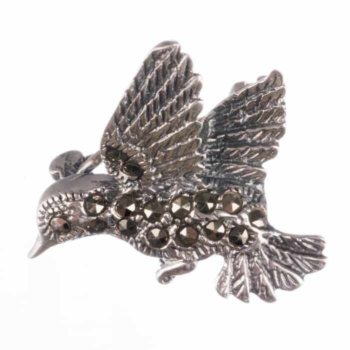 Brosa pasare colibri din argint 925 cu pietre foarte fine de marcasite, simbol al puritatii si al iubirii