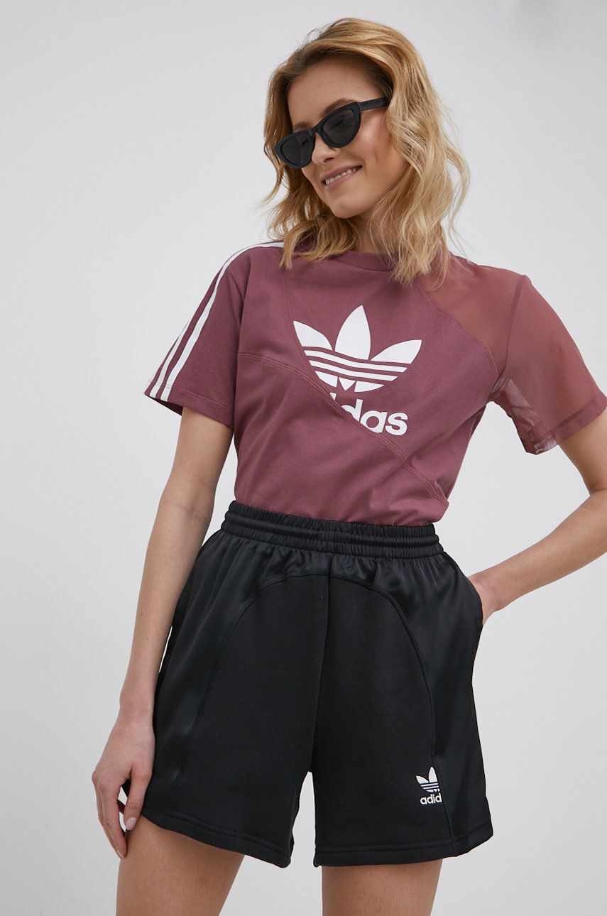 adidas Originals pantaloni scurți Adicolor HC7036 femei, culoarea negru, uni, high waist HC7036-BLACK