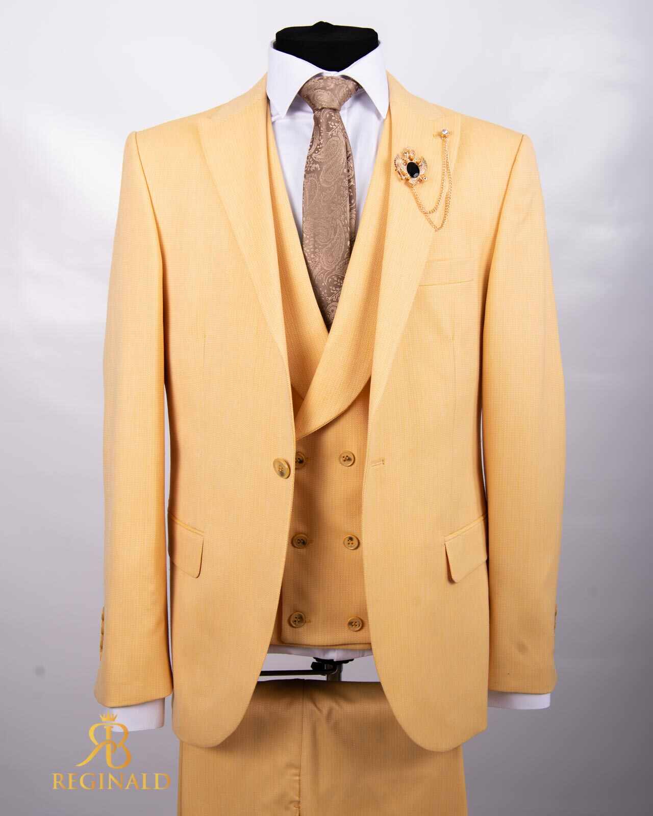 Costum galben texturat, Sacou, Vesta si pantalon- C4559
