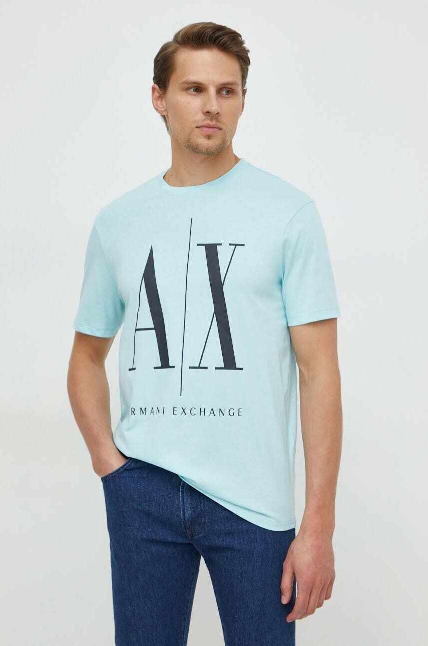 Armani Exchange tricou din bumbac culoarea turcoaz, cu imprimeu
