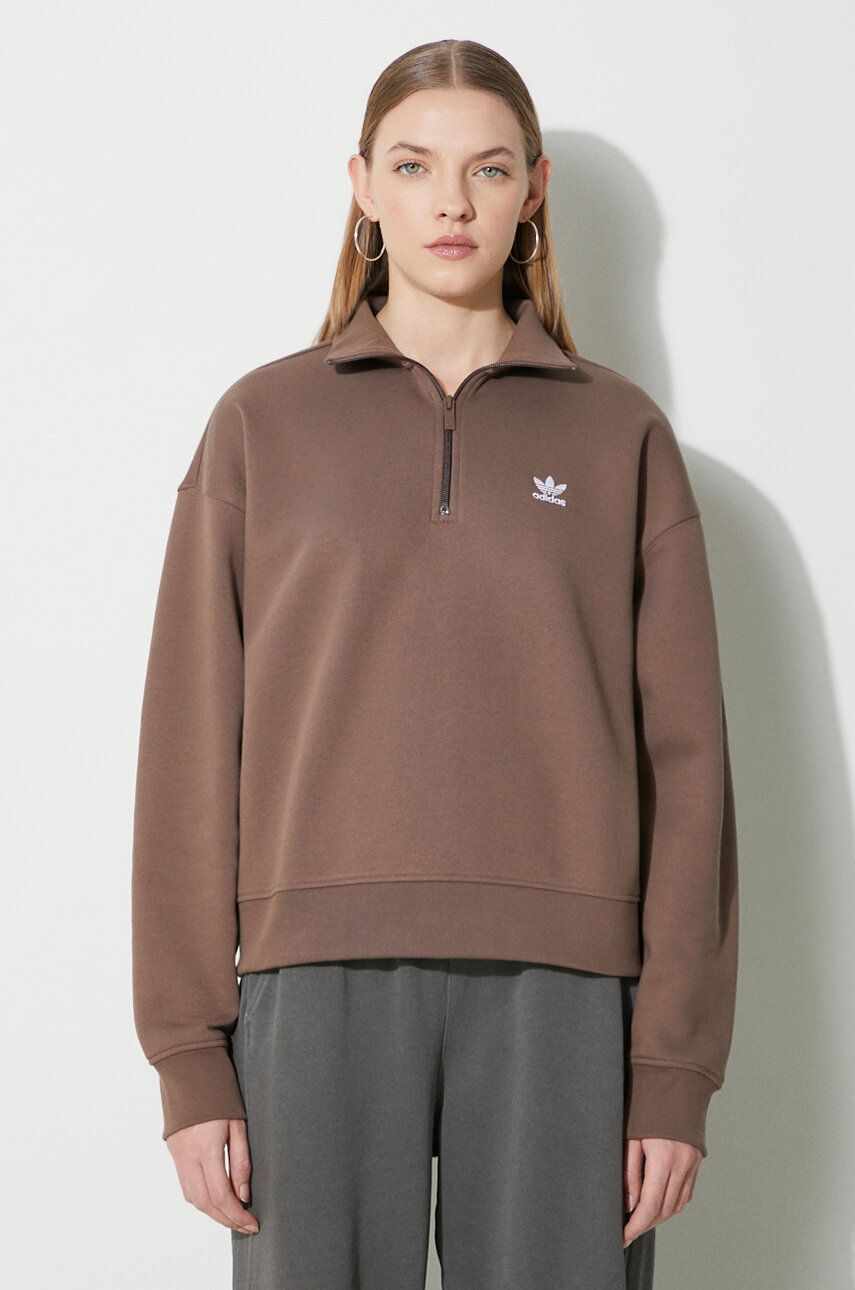 adidas Originals bluza Essentials Halfzip Sweatshirt femei, culoarea maro, cu imprimeu, IR5938
