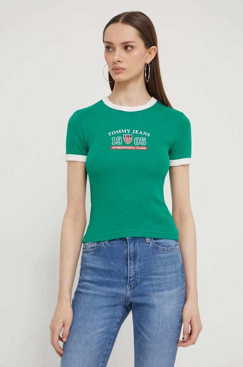 Tommy Jeans tricou Archive Games femei, culoarea verde