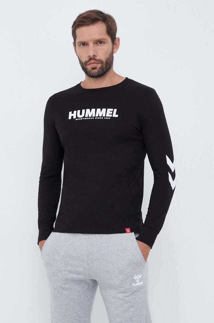 Hummel longsleeve din bumbac culoarea negru, cu imprimeu