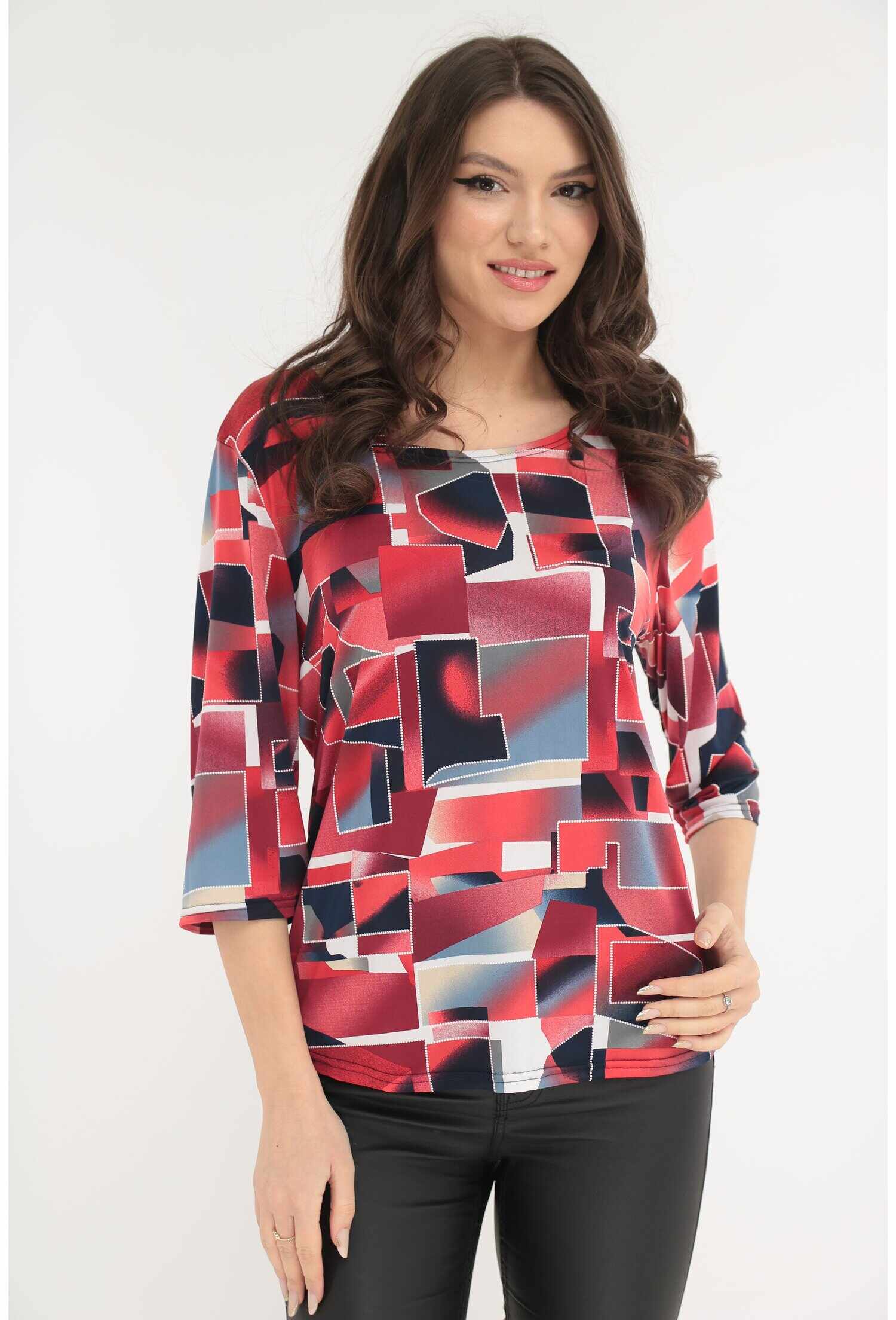 Bluza lejera cu imprimeu geometric rosu-gri