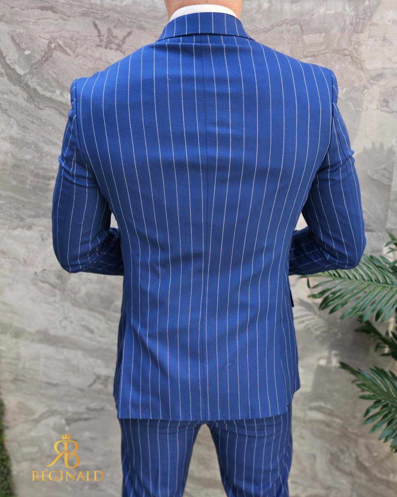 Costum de barbati albastru in dungi: Sacou si Pantalon - C4673