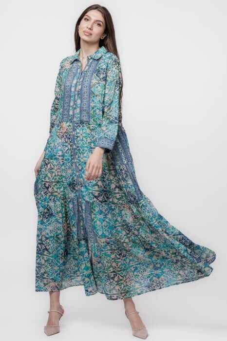 Rochie camasa, dublata, lunga, din batist de bumbac, cu imprimeu turcoaz