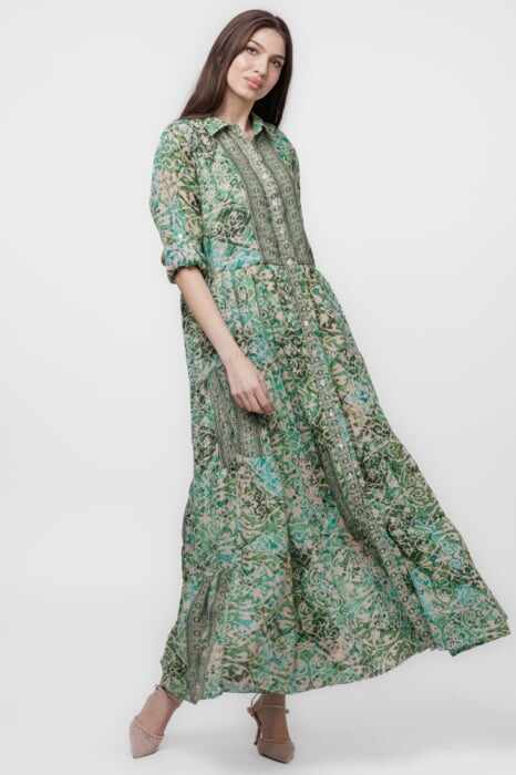 Rochie camasa, dublata, lunga, din batist de bumbac, cu imprimeu verde