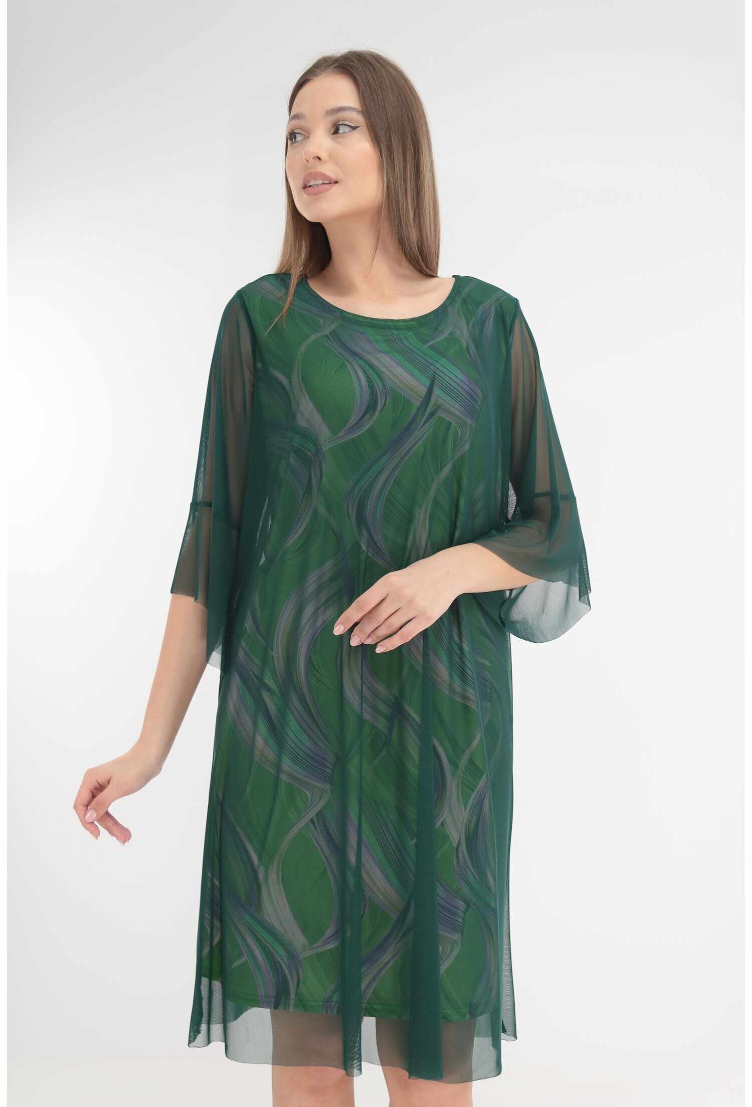 Rochie eleganta cu imprimeu abstract verde-mov si tulle verde