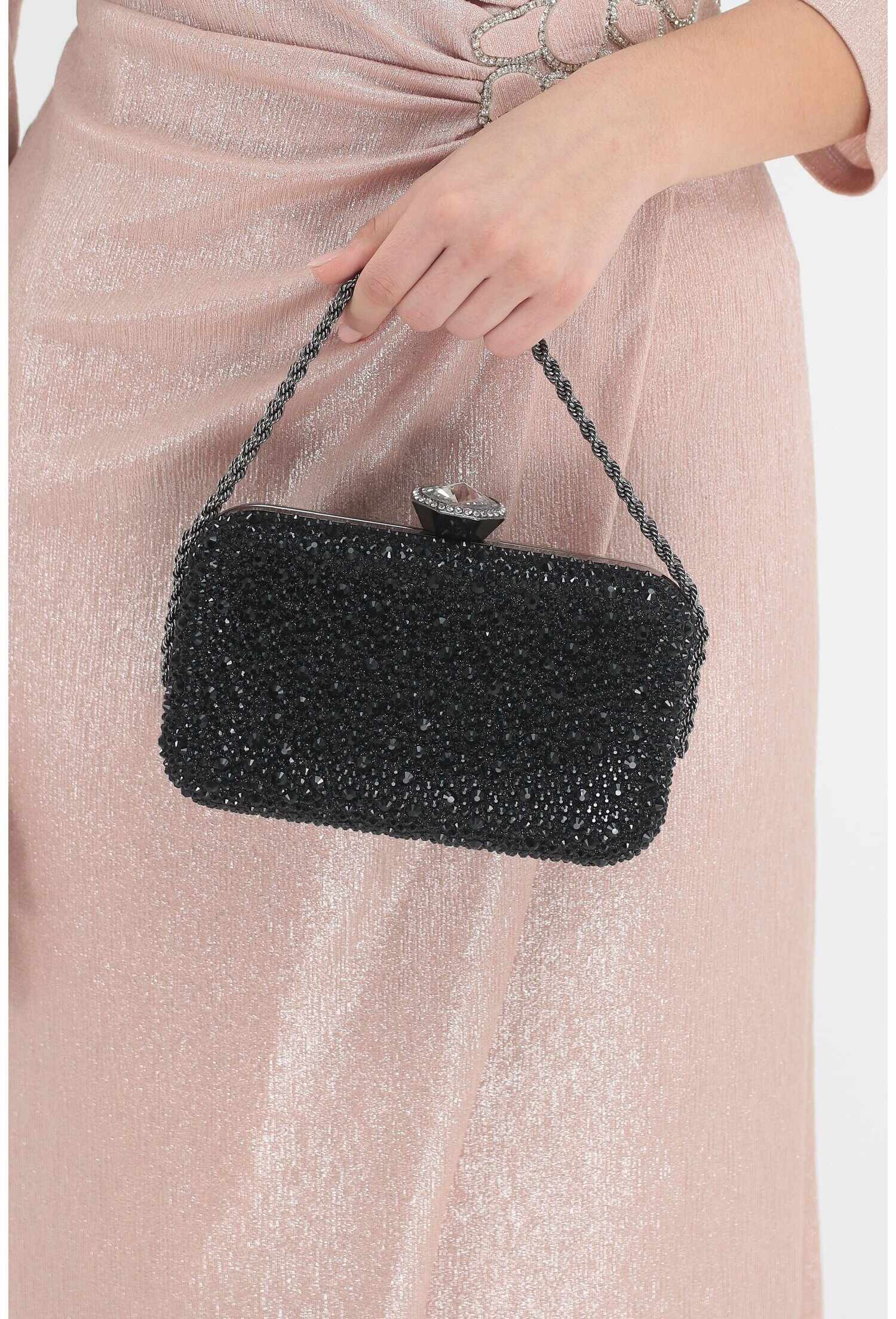 Clutch negru cu strasuri si inchidere tip diamant