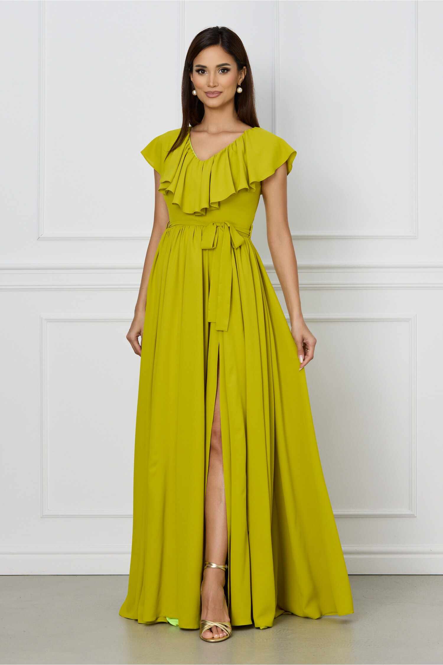 Rochie Dy Fashion lime lunga cu volan la bust si cordon in talie