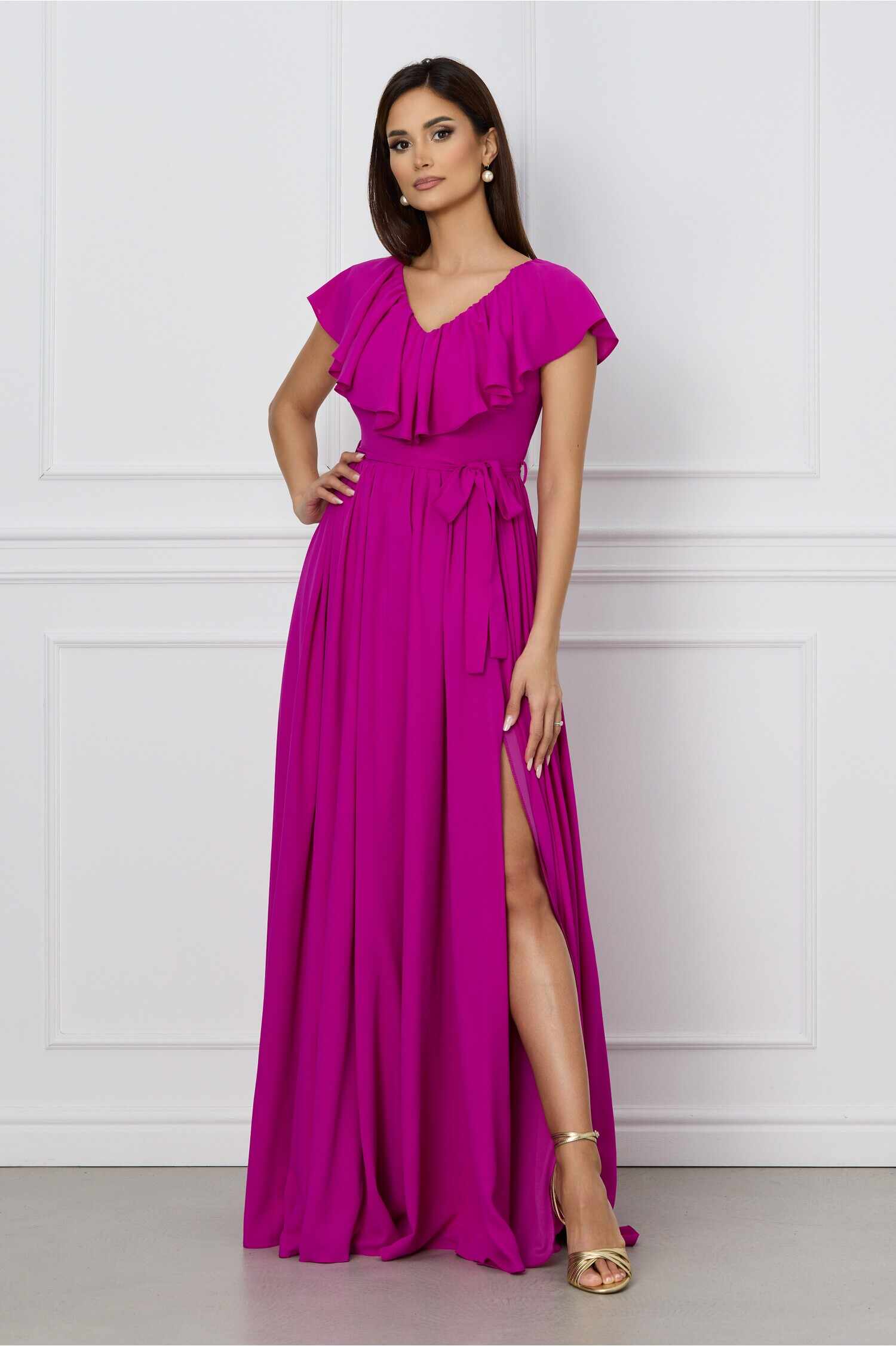 Rochie Dy Fashion magenta lunga cu volan la bust si cordon in talie