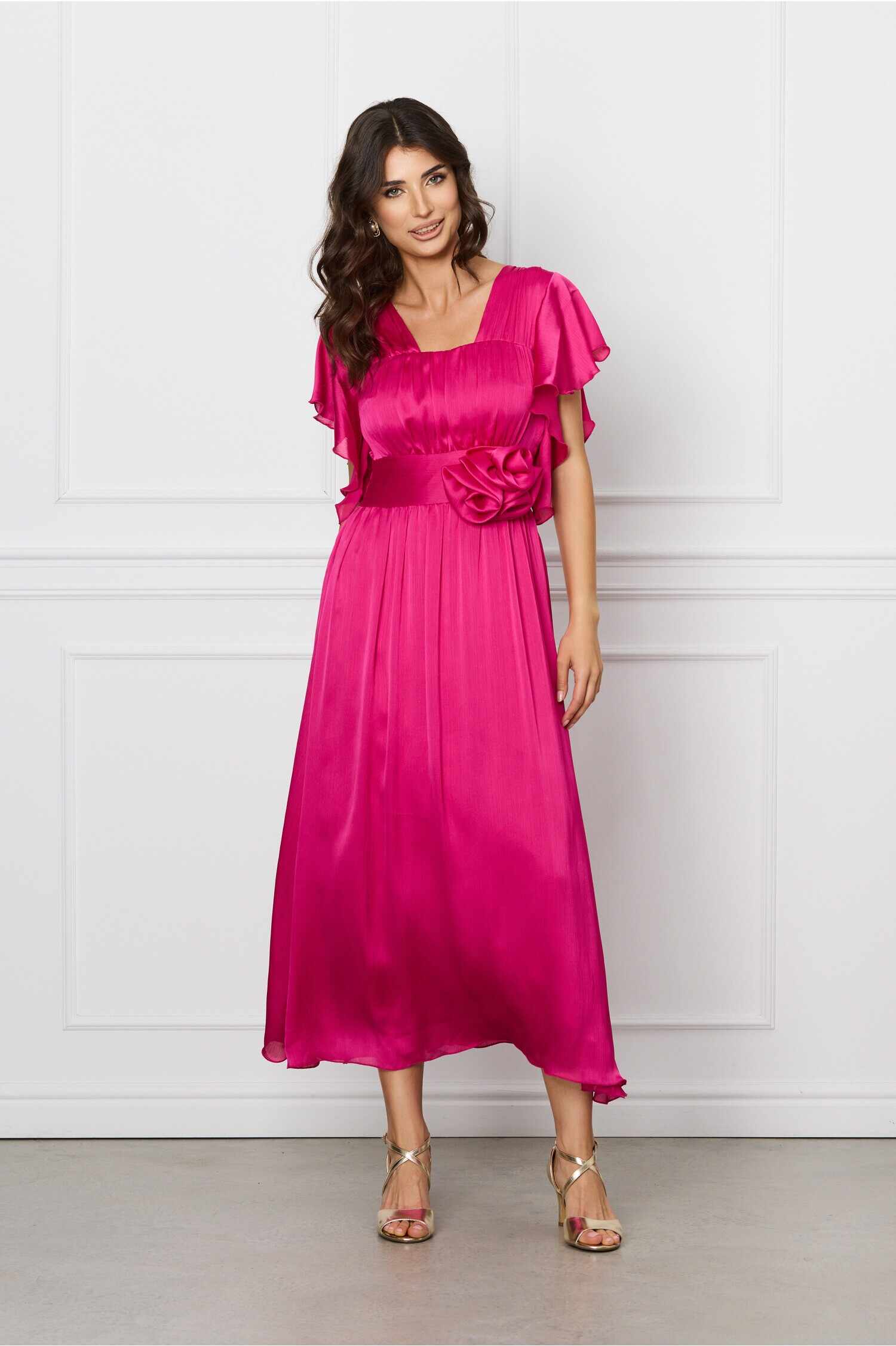 Rochie Moze fucsia din satin cu floare in talie