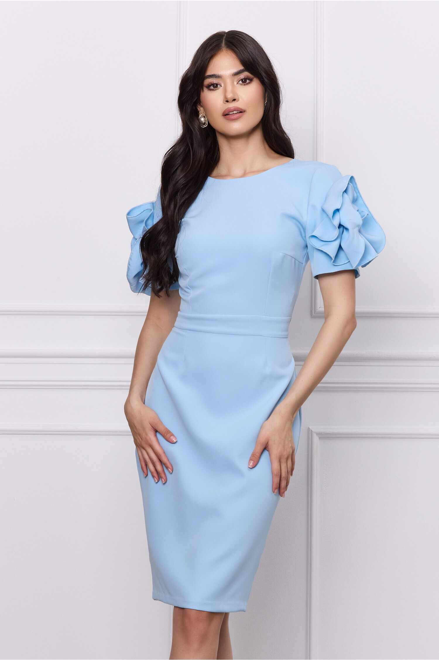 Rochie Moze bleu cu trandafiri maxi pe maneci