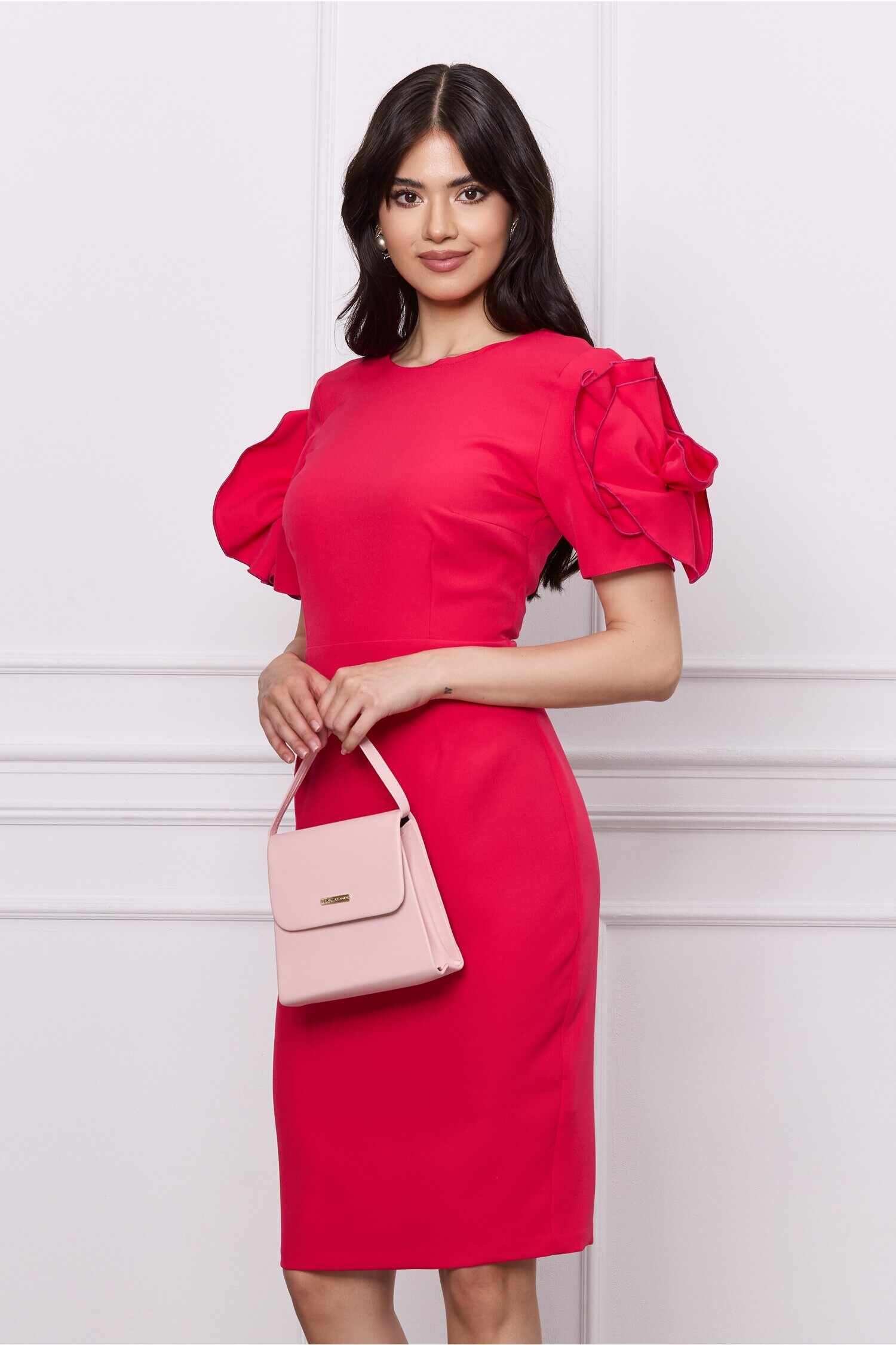 Rochie Moze fucsia cu trandafiri maxi pe maneci