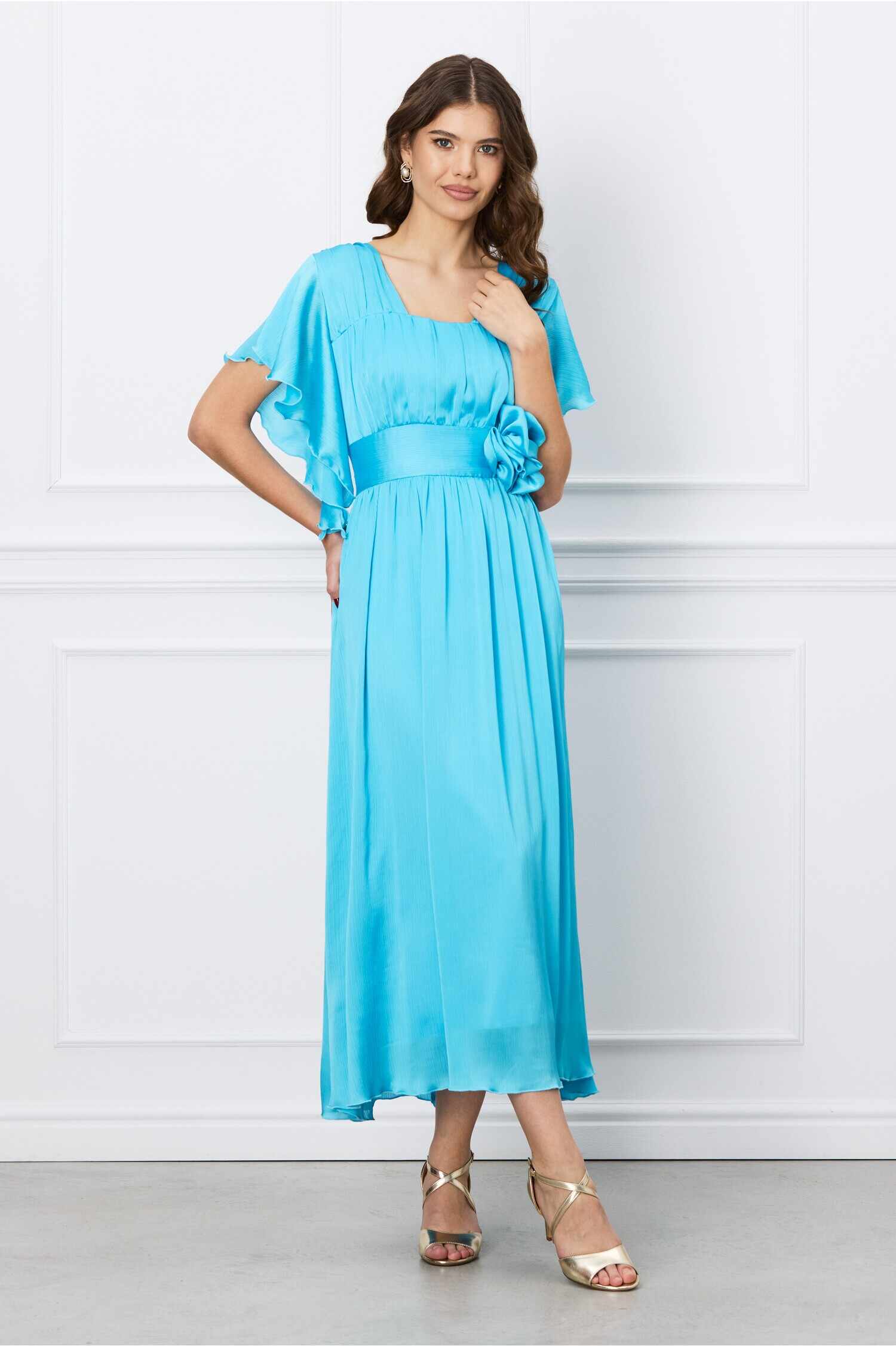 Rochie Moze bleu din satin cu floare in talie