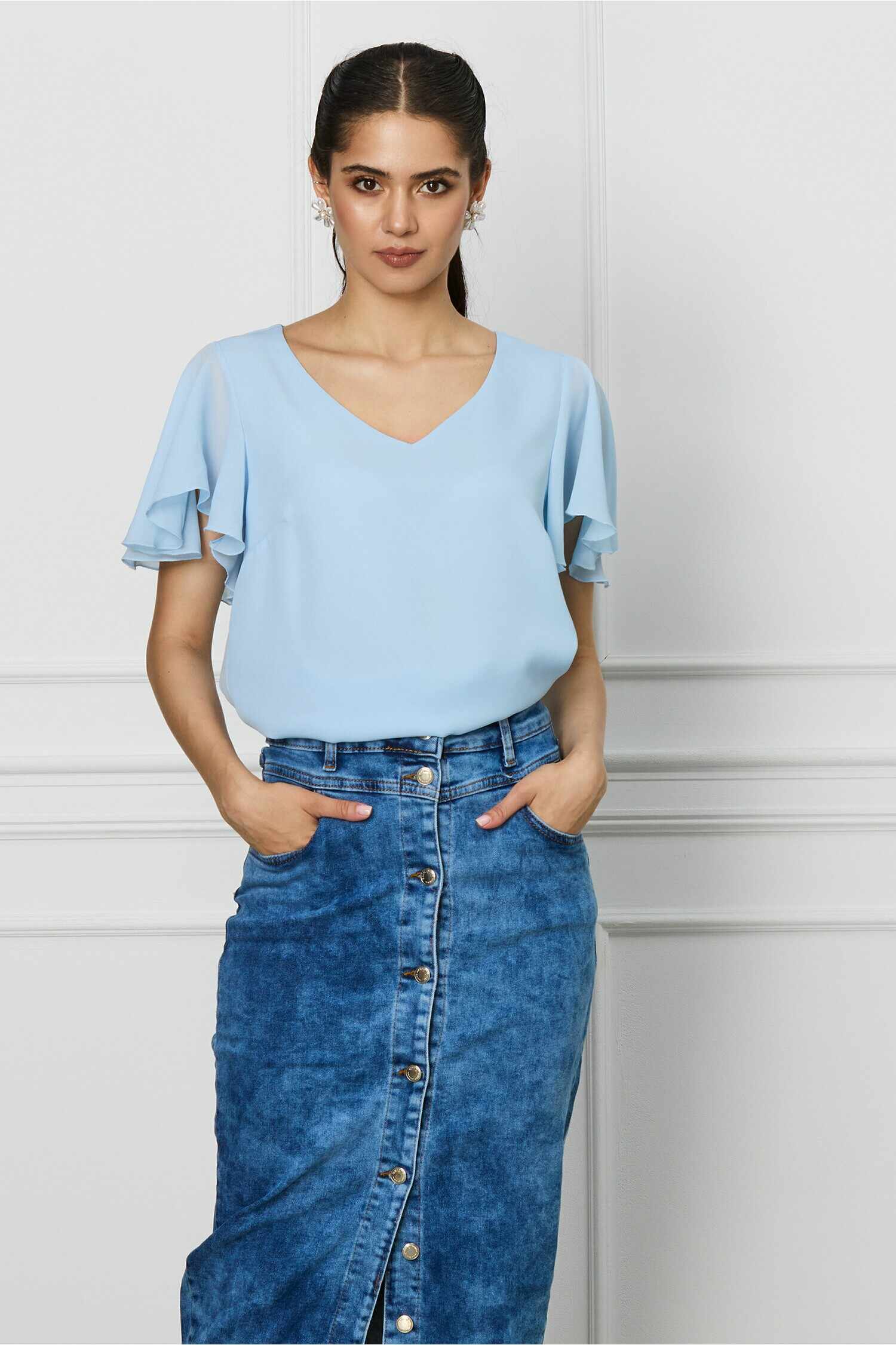 Bluza Delia bleu cu volane la maneci