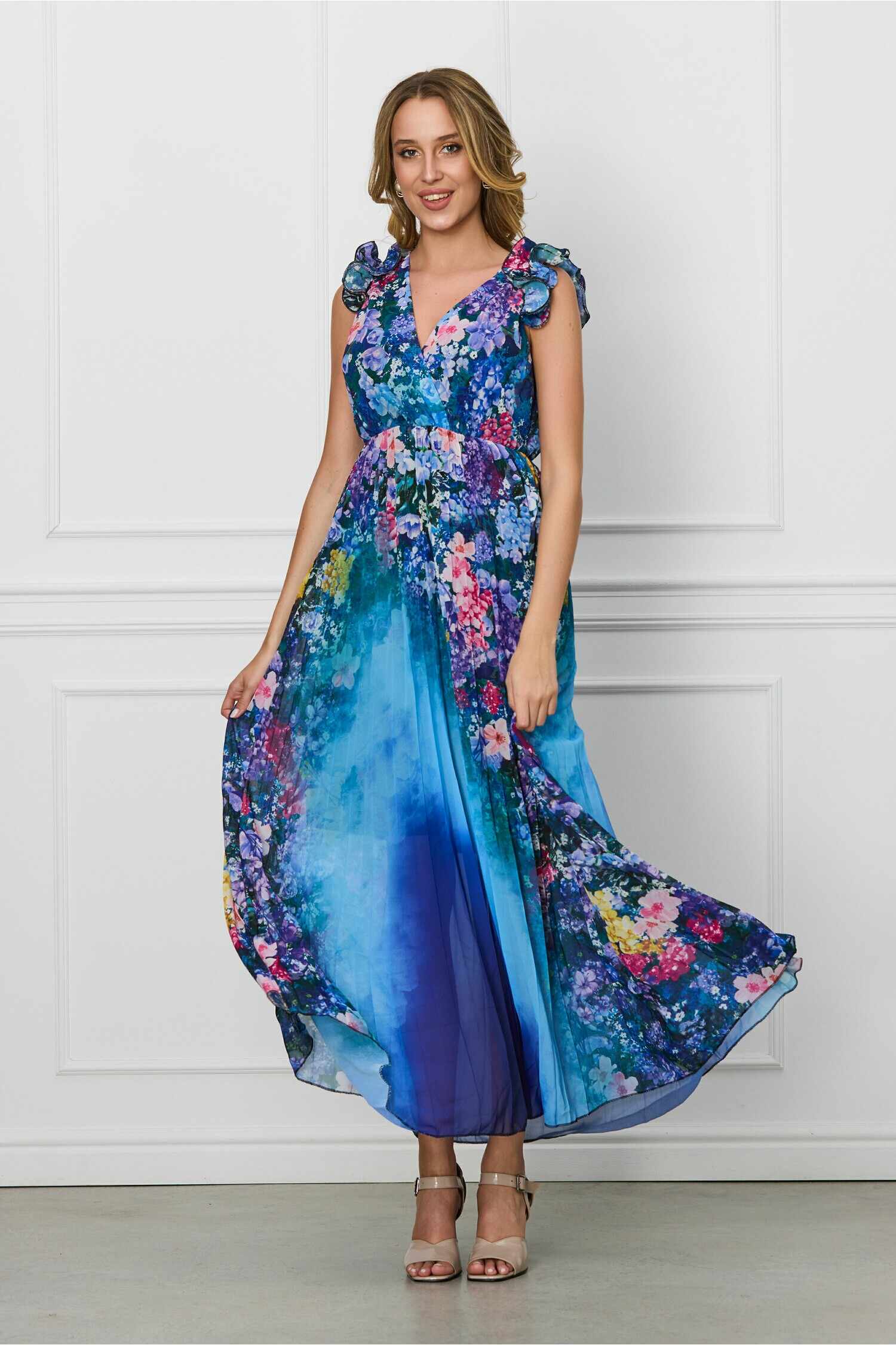 Rochie Ramona lunga bleumarin cu imprimeuri florale