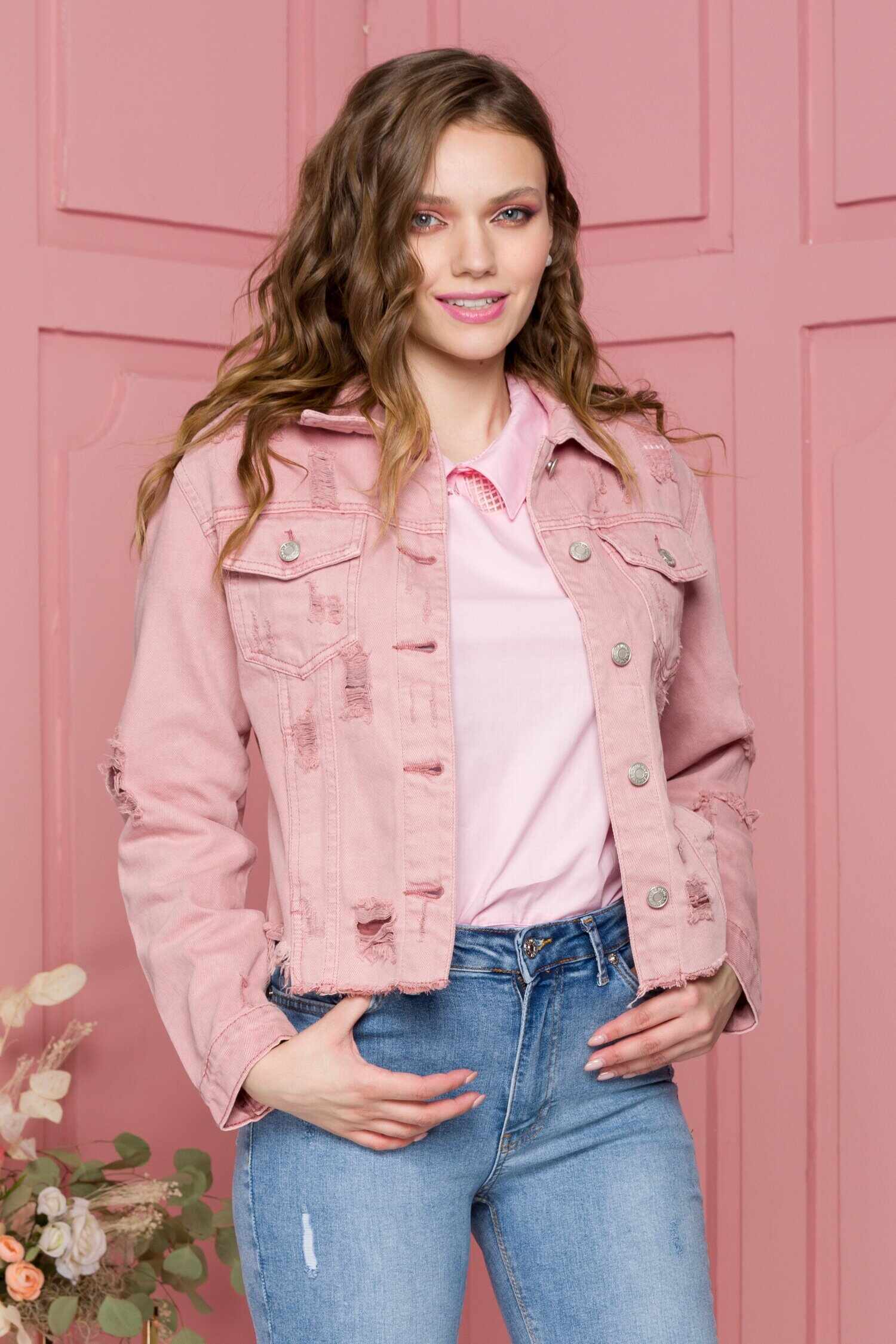 Jacheta Ingrid roz prafuit din denim cu aspect uzat