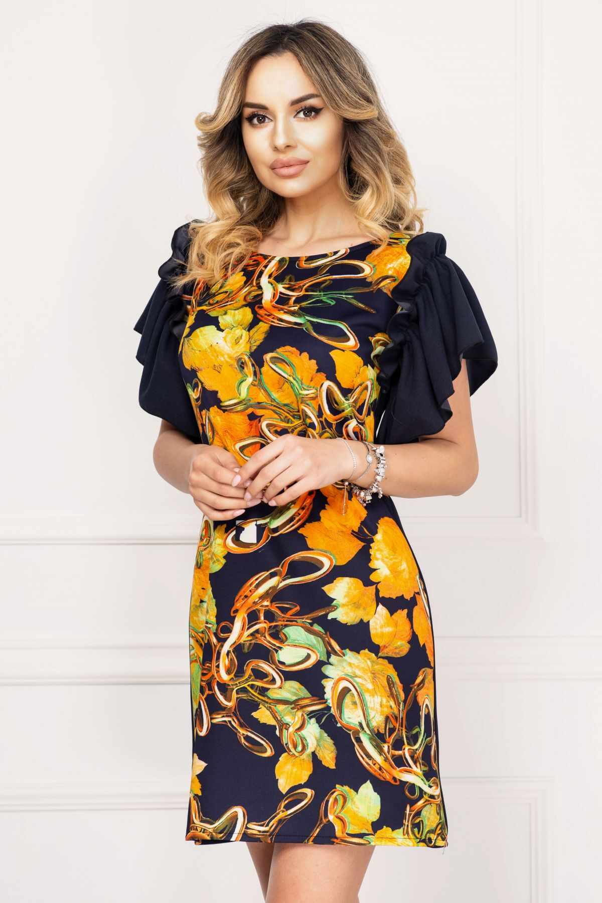 Rochie de zi Alexa bleumarin cu imprimeu floral orange