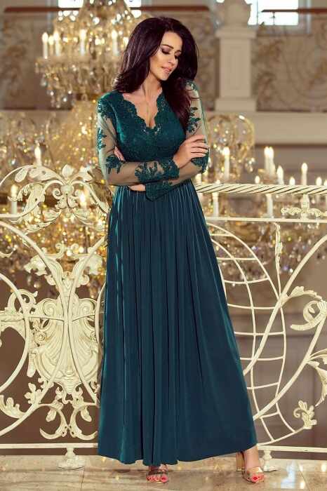 Rochie lunga de seara cu dantela Numoco, turquoise