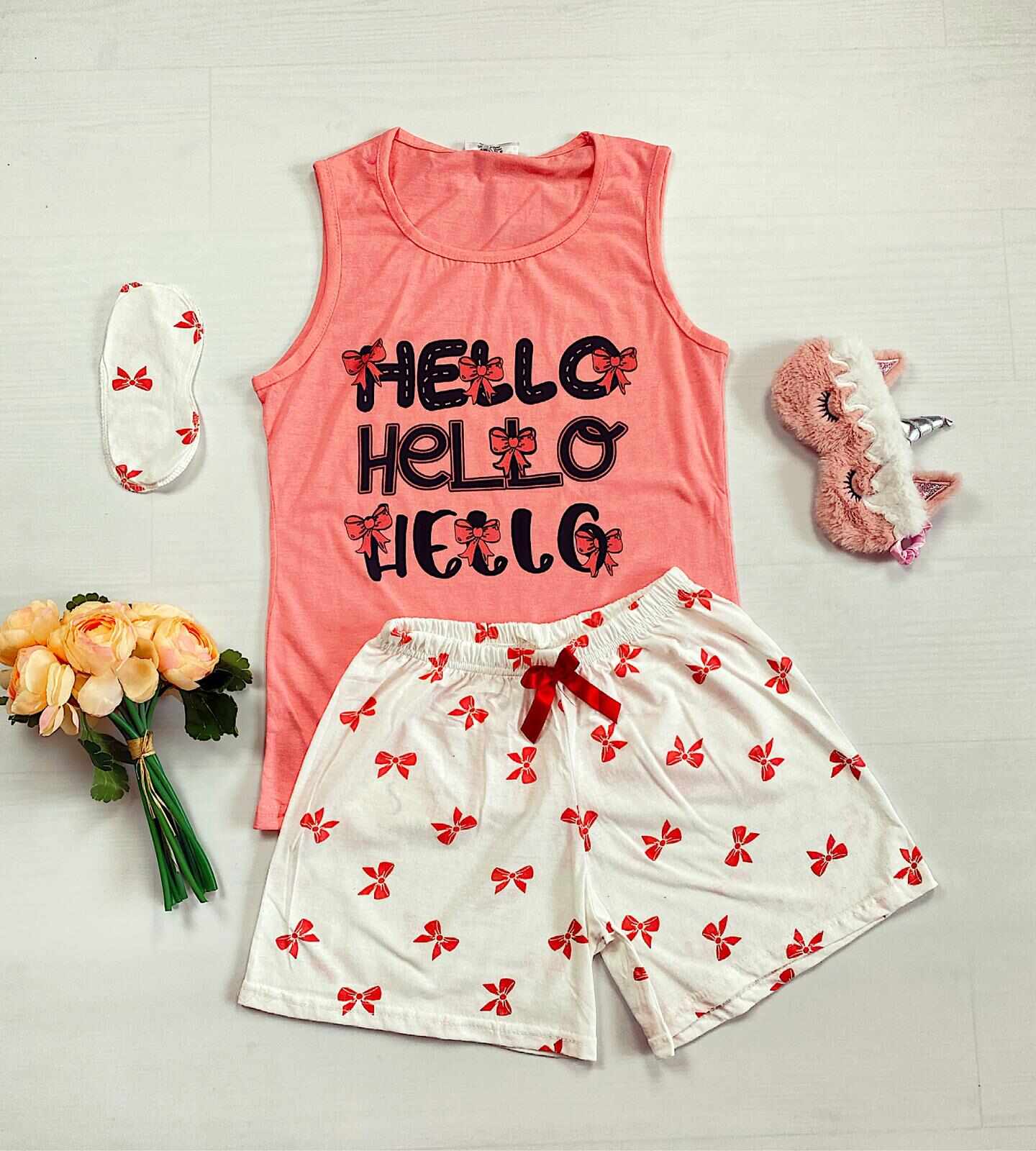 Pijama dama scurta roz cu imprimeu Hello