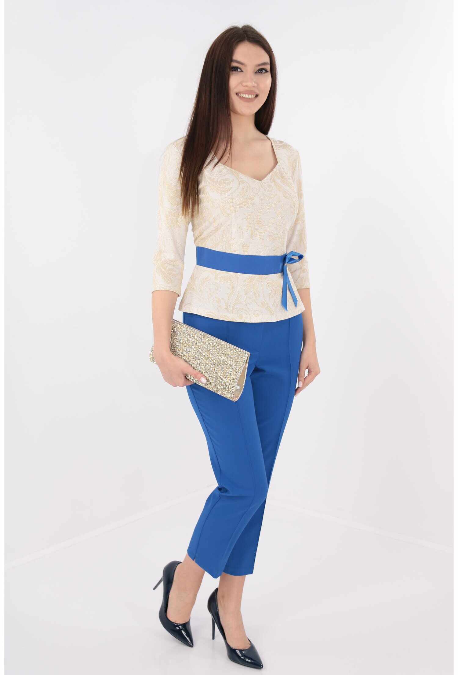 Costum elegant bluza din brocard si pantaloni albastri