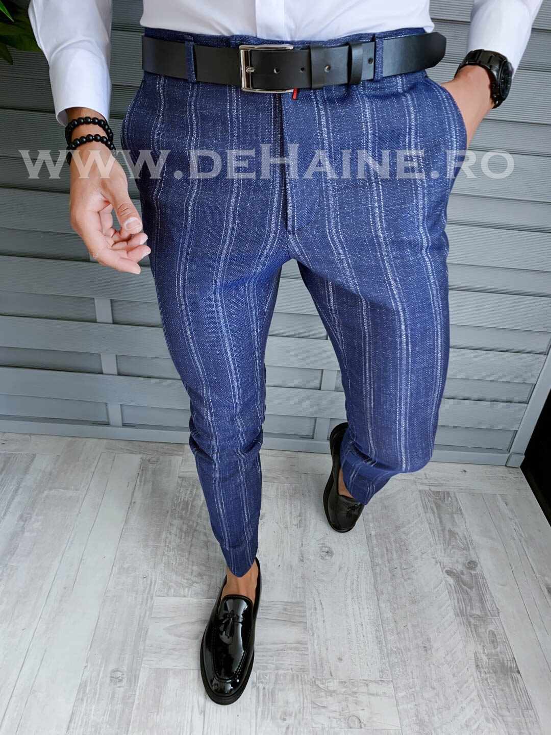 Pantaloni barbati eleganti bleumarin cu dungi B1598 /Z