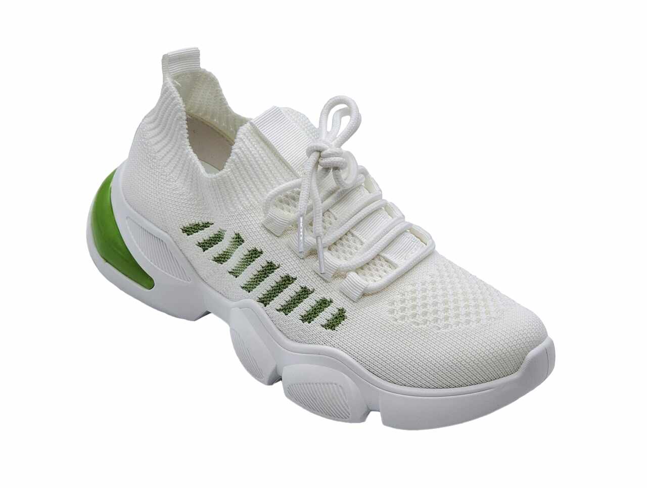 Pantofi sport dama, marca Feeling, culoare alb cu insertii verzi, din material textil, cod 6690-WHT