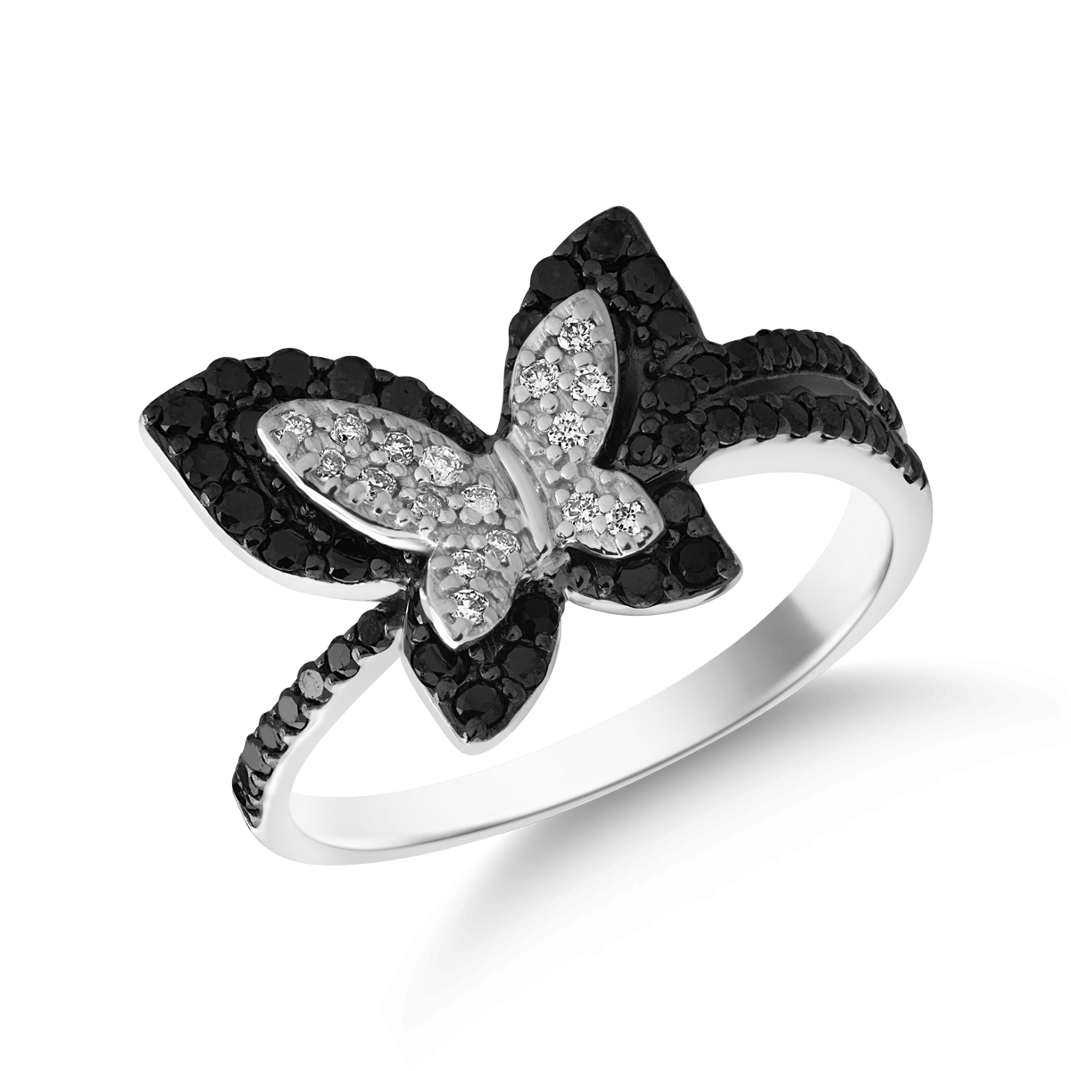 Inel fluture din aur alb de 18K cu diamante negre de 0.35ct si diamante de 0.33ct