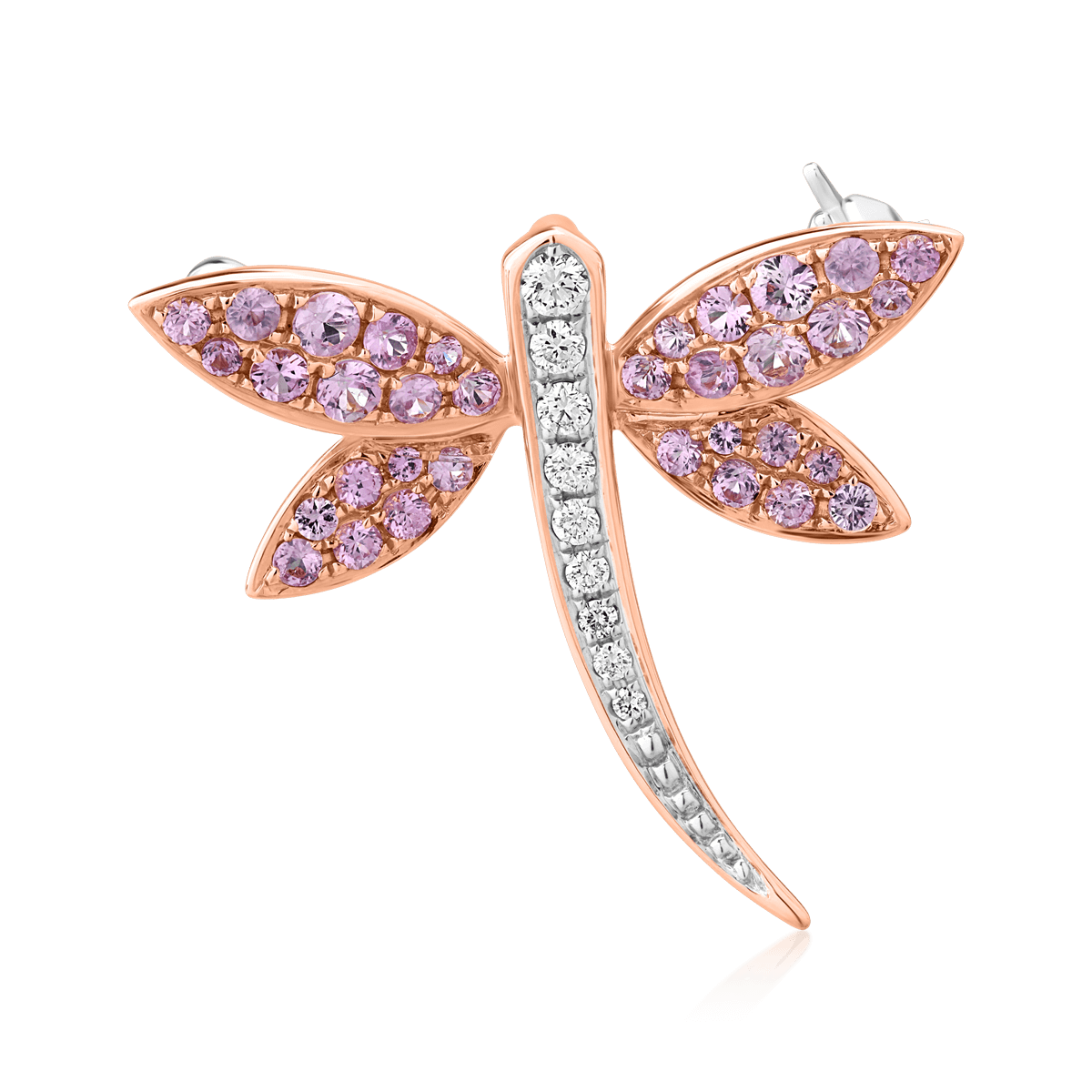 Brosa libelula din aur alb-roz de 18K cu safir roz-deschis de 0.62ct si diamante de 0.11ct